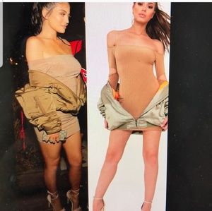 Kylie nude tan off shoulder bodycon bebe dress s